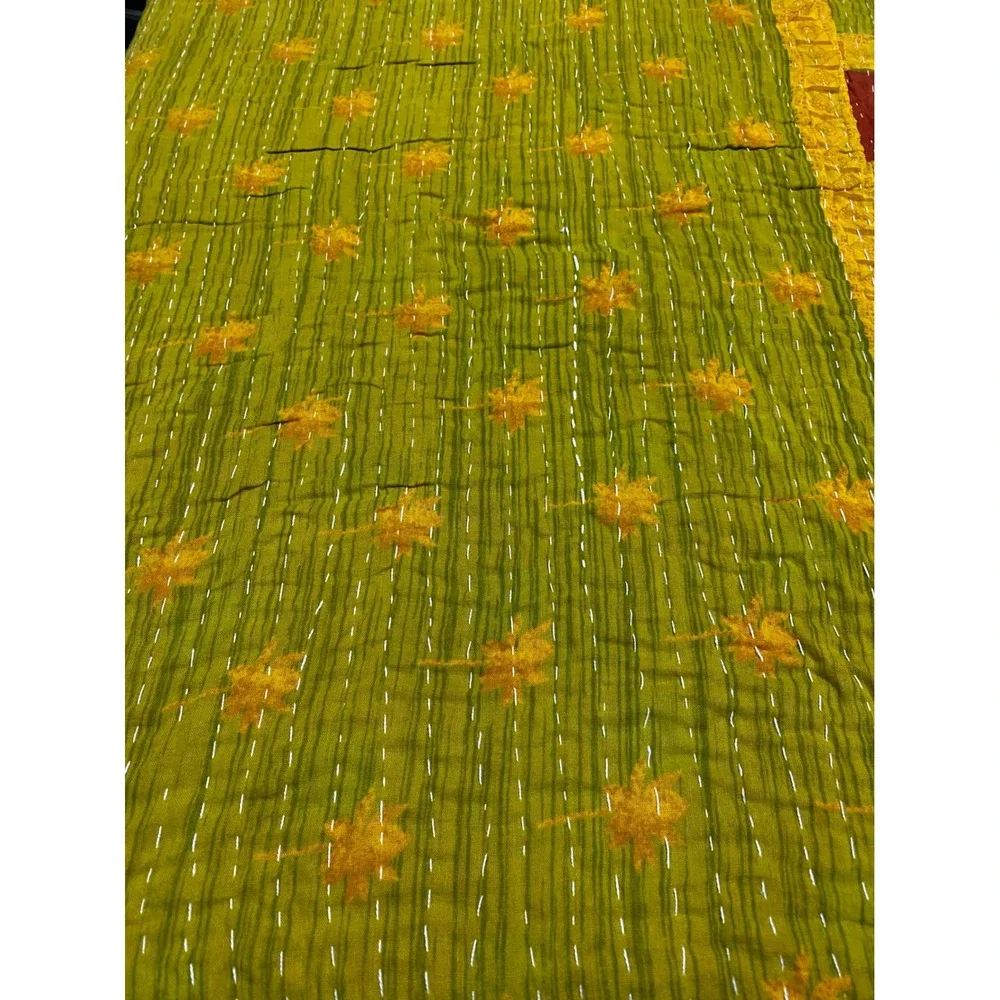 Hand Stitched Kantha Quilt Reversible 100% Cotton Throw Floral Green Blue